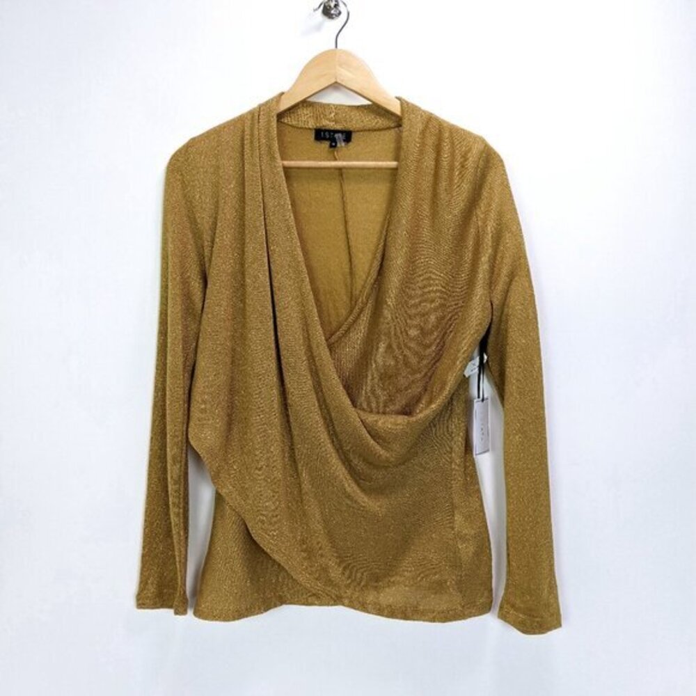 1. State Size M Womens Cross Front Knit Top Sparkle Shimmery Metallic Gold